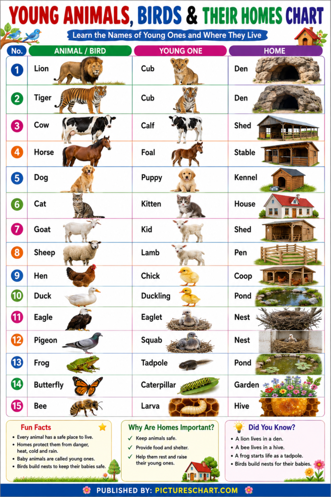 Young animals, birds and their homes chart with pictures and names for kids